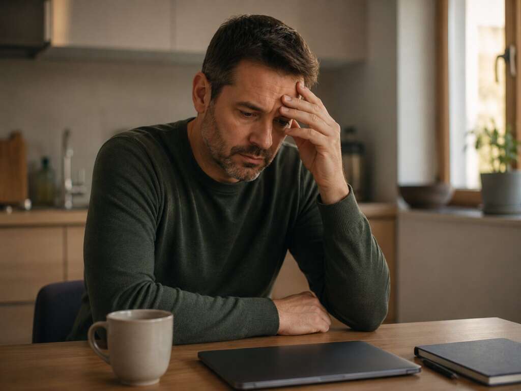 Mann sitzt nachdenklich am Küchentisch bei Stress, Libidoverlust und möglichen Erektionsproblemen