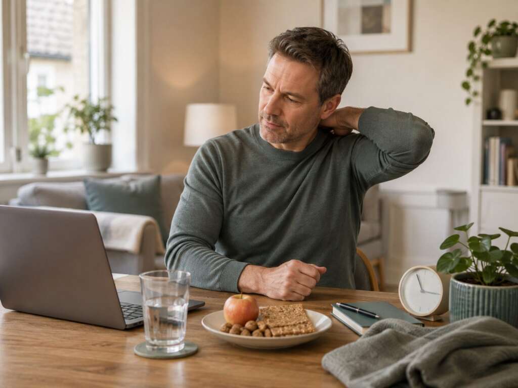 Mann im Homeoffice macht eine kurze Pause – Stress, Bewegungsmangel und Müdigkeit können den Stoffwechsel und den Energieverbrauch beeinflussen