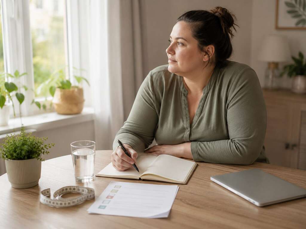 Person mit Übergewicht plant zu Hause nächste Schritte für Gesundheit, BMI und nachhaltiges Abnehmen