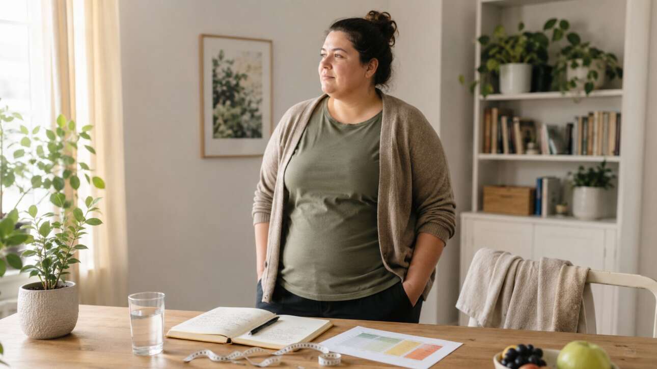 Person mit Übergewicht reflektiert zu Hause über Gesundheit, BMI und Gewichtsveränderung mit Notizbuch, Maßband und Wasserglas