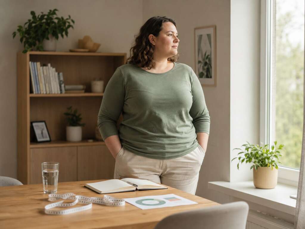 Person mit Übergewicht reflektiert zu Hause über BMI, Gesundheit und Körperbewusstsein