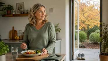 Frau in den Wechseljahren bereitet in einer hellen Küche eine ausgewogene Mahlzeit zu – gesunde Ernährung bei Gewichtszunahme in der Menopause.