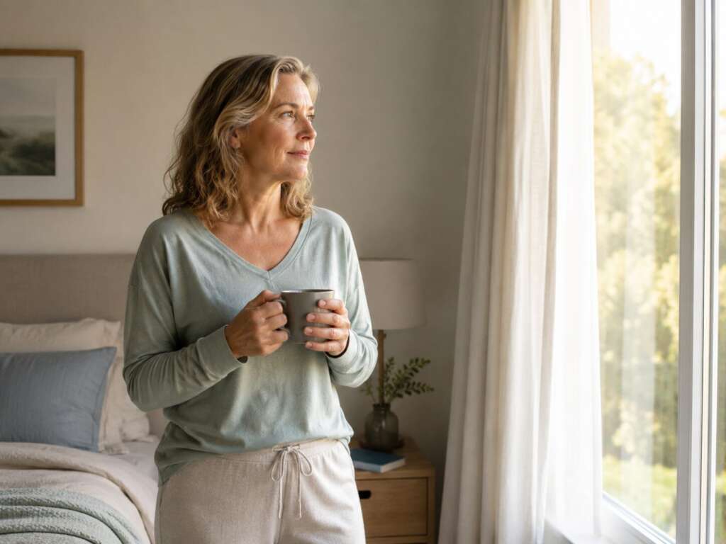 Frau in den Wechseljahren steht morgens nachdenklich am Fenster und erlebt körperliche Veränderungen durch den Hormonwechsel.