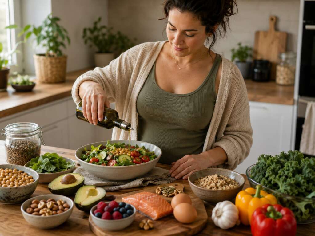 Ausgewogene Mahlzeit mit Gemüse, Hülsenfrüchten, Vollkornprodukten und gesunden Fetten für eine blutzuckerfreundliche Ernährung bei PCOS.