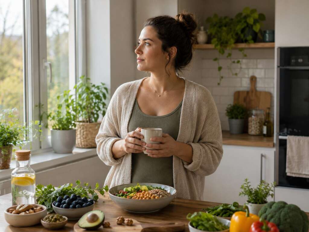 Frau mit PCOS denkt in ihrer Küche über unerklärliche Gewichtszunahme nach und bereitet gesunde Lebensmittel für eine hormonfreundliche Ernährung vor.