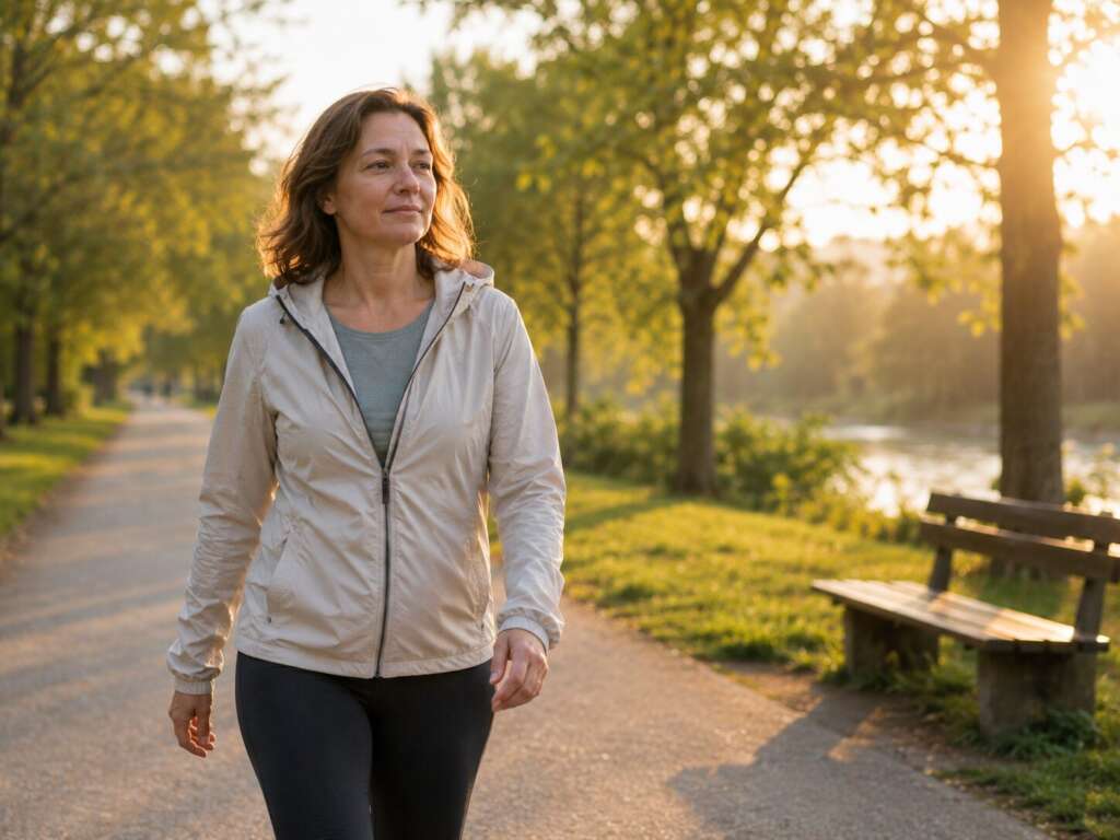Frau macht einen entspannten Morgenspaziergang – ausreichend Schlaf und regelmäßige Bewegung können Stoffwechsel und Gewicht positiv unterstützen.