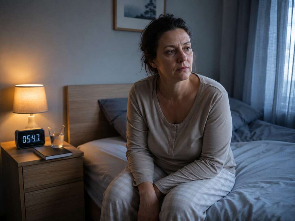 Müde Frau sitzt nach einer kurzen Nacht am frühen Morgen auf der Bettkante – Schlafmangel kann Gewichtszunahme und einen gestörten Stoffwechsel begünstigen.