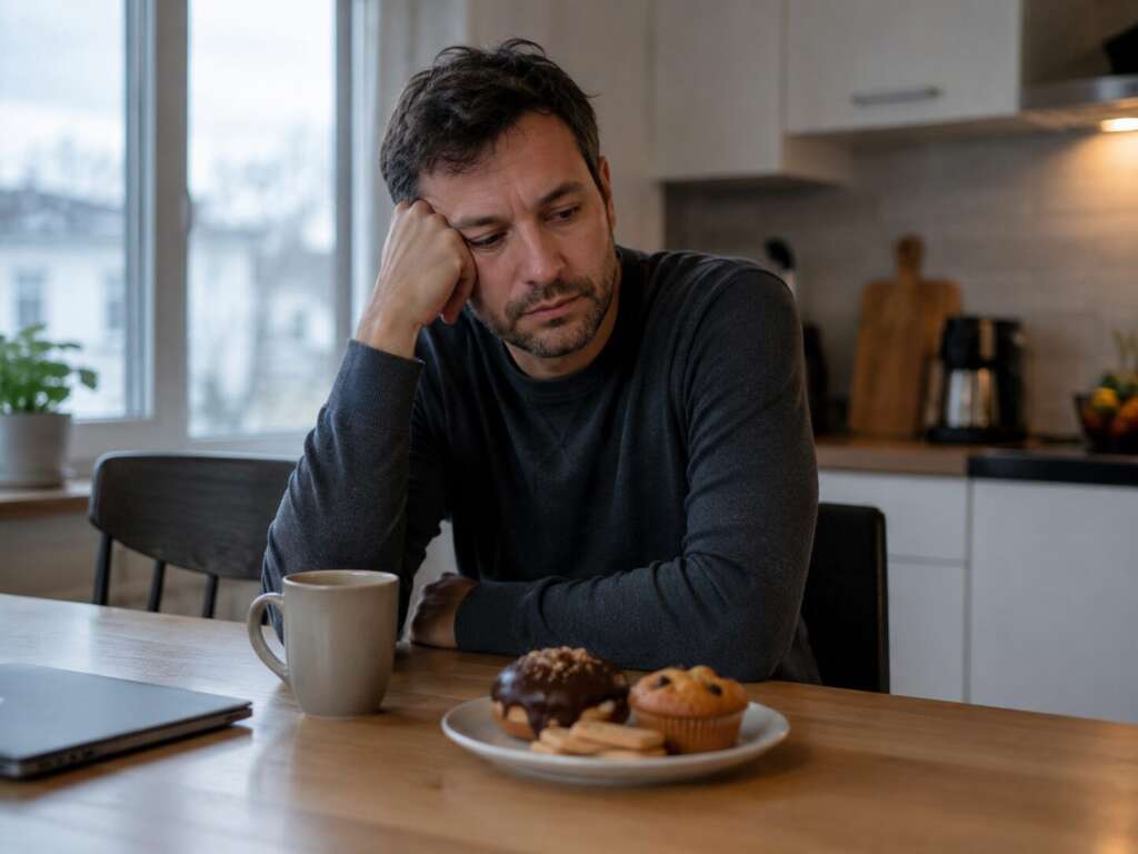 Erschöpfter Mann sitzt nach wenig Schlaf am Küchentisch vor einem süßen Snack – Müdigkeit kann Heißhunger, Stress und weniger Bewegung fördern.