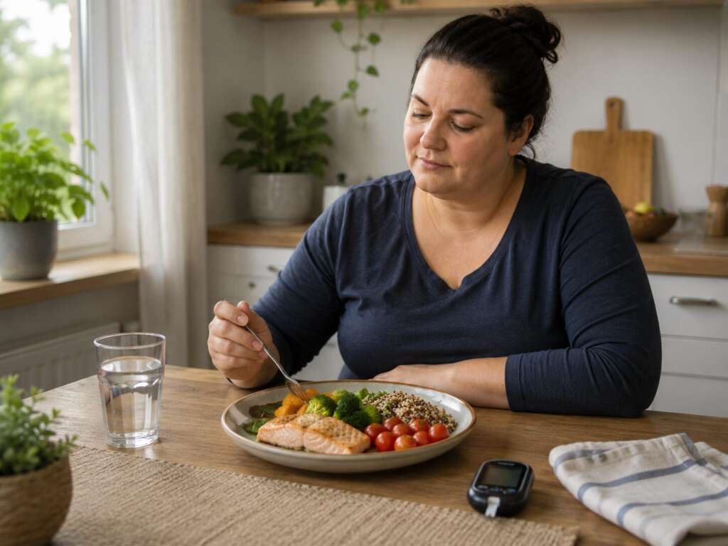 Ausgewogene Mahlzeit und Blutzuckermessgerät bei einer Tirzepatid-Therapie zur Appetit- und Blutzuckerregulierung.