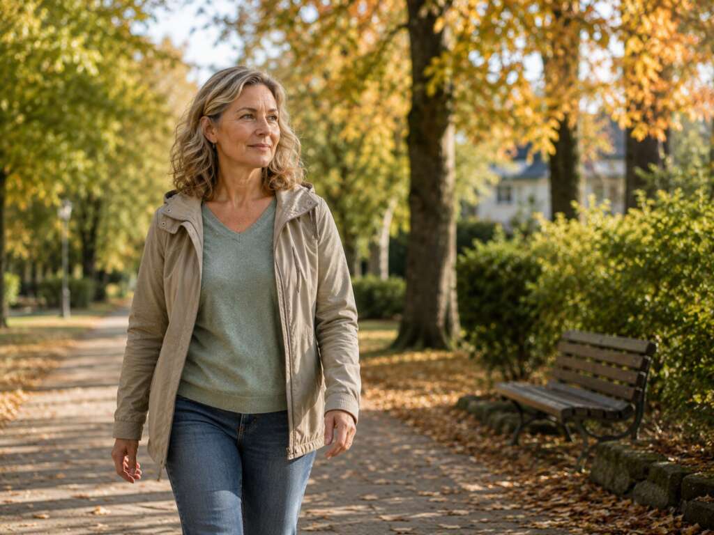 Frau in den Wechseljahren geht entspannt durch einen herbstlichen Park und steht für gesunde Neuorientierung im Alltag.